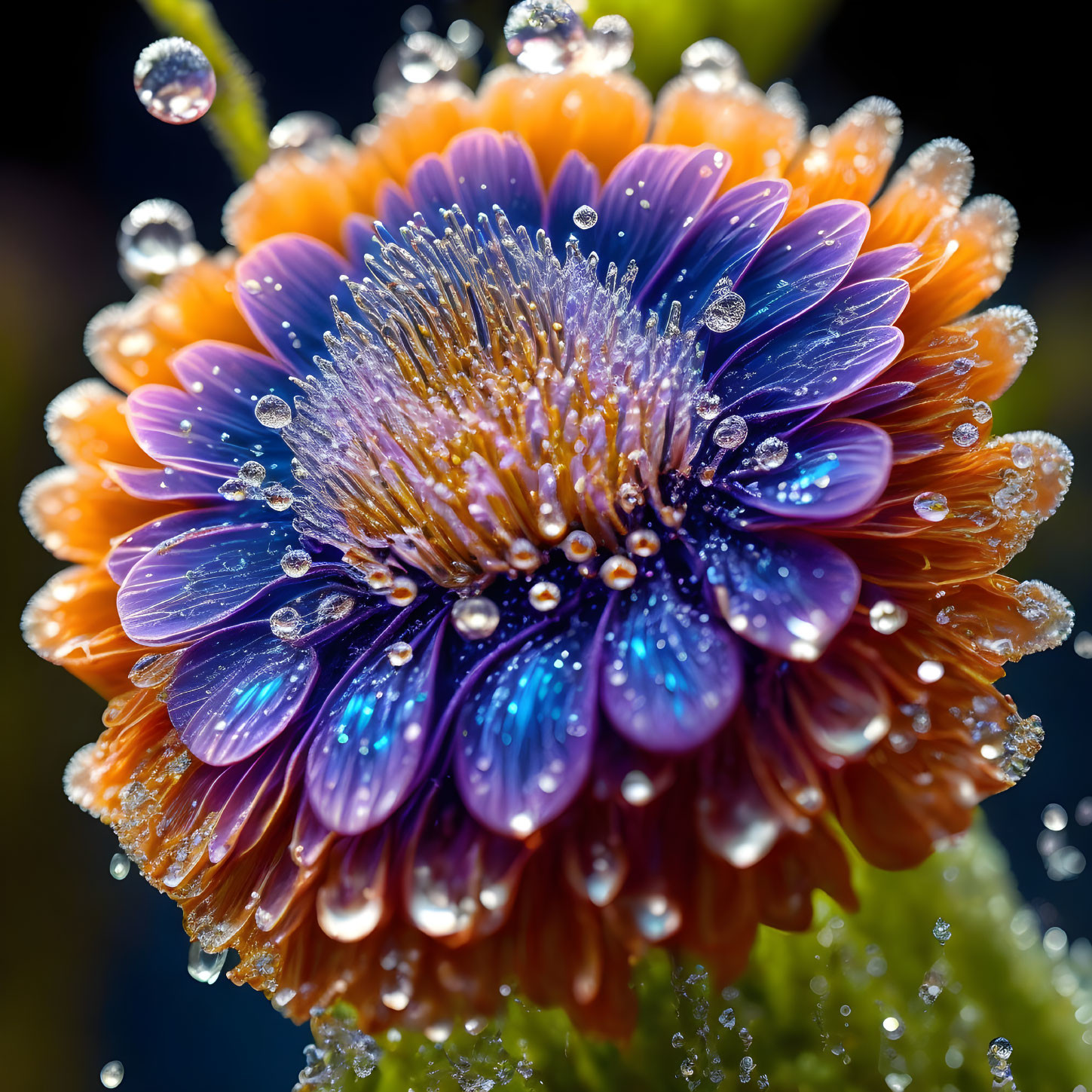 Vibrant orange and purple flower with water droplets on dark background