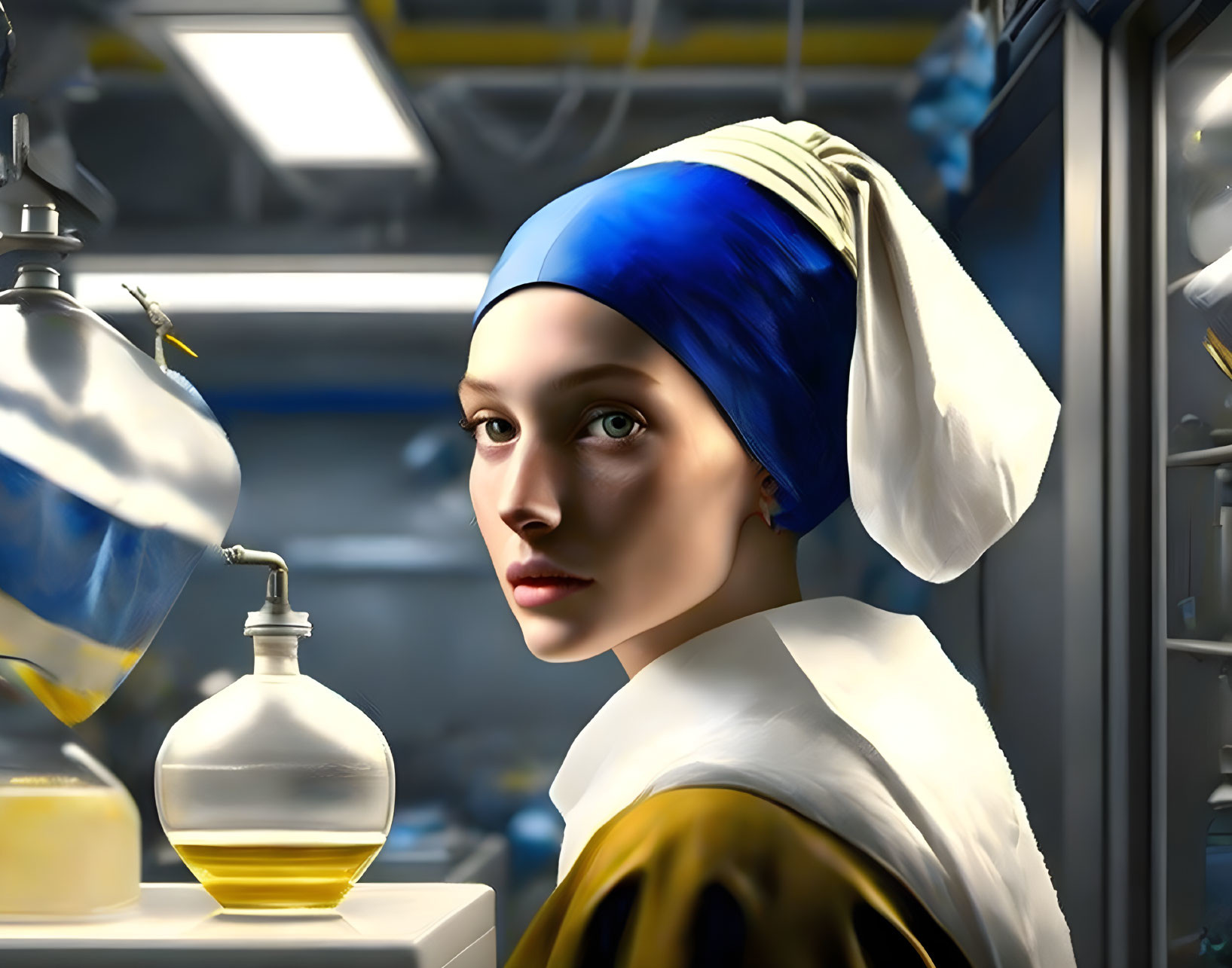 Modern reinterpretation of famous painting in lab setting with glassware