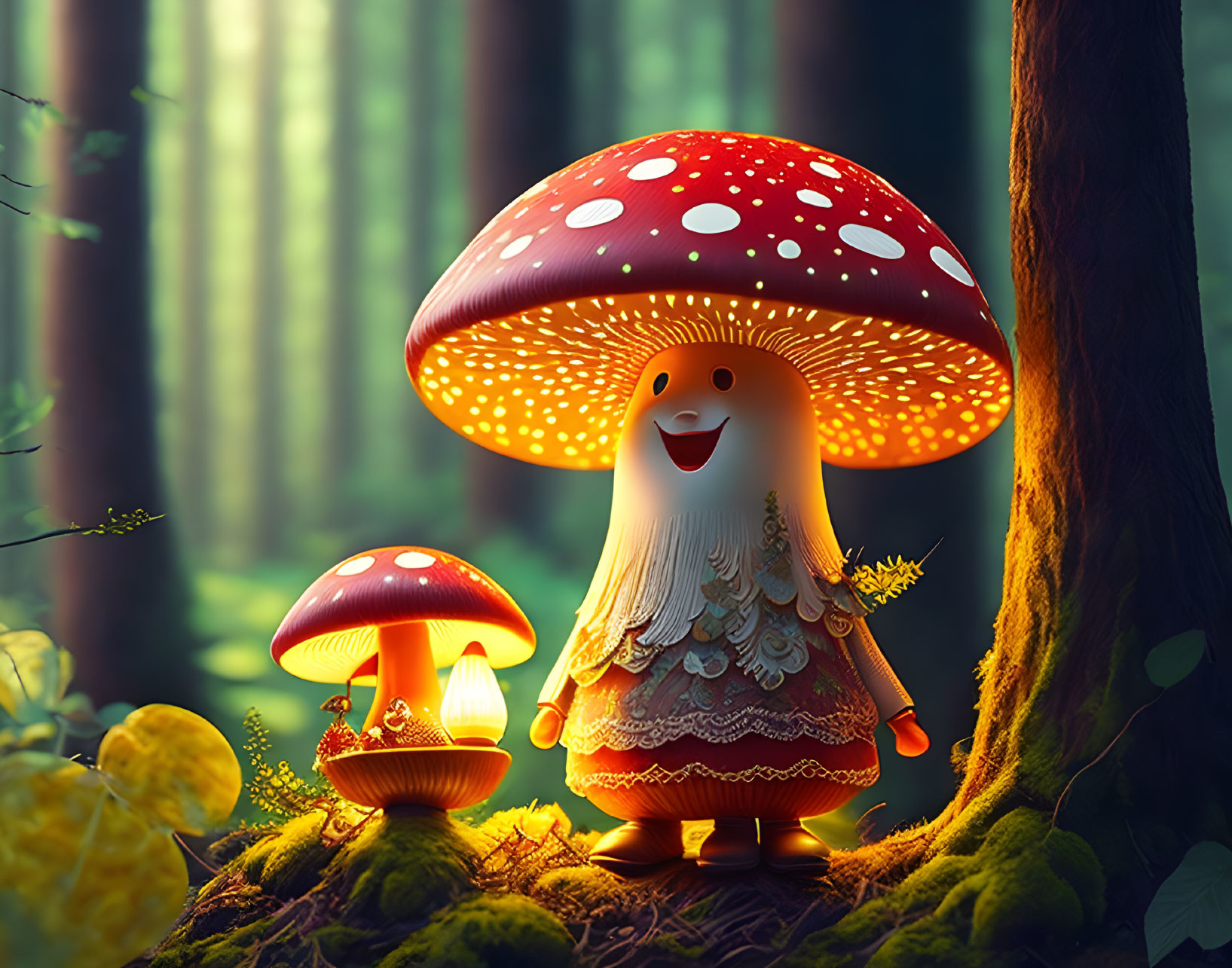 Anthropomorphic mushrooms in enchanted forest scene