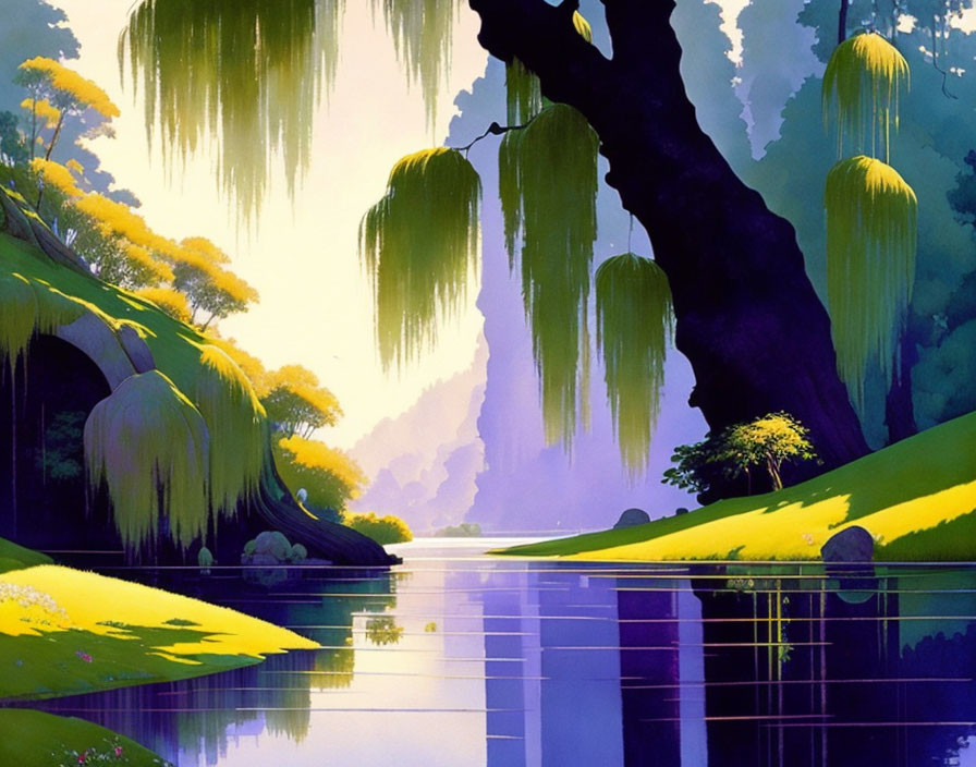 Tranquil Landscape: Green Trees, Weeping Willows, Reflective Lake