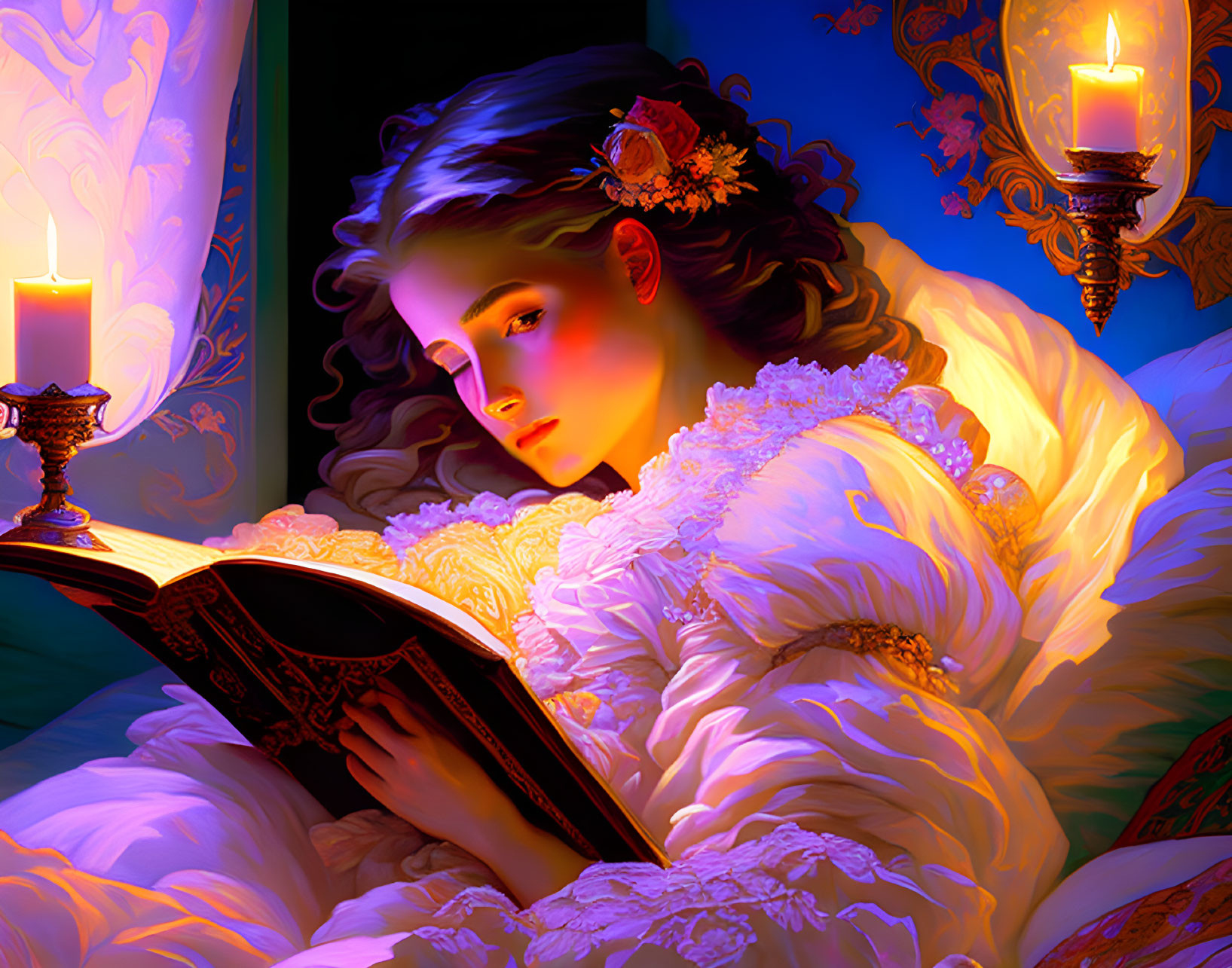 Woman in white dress reading book by candlelight with warm glow.