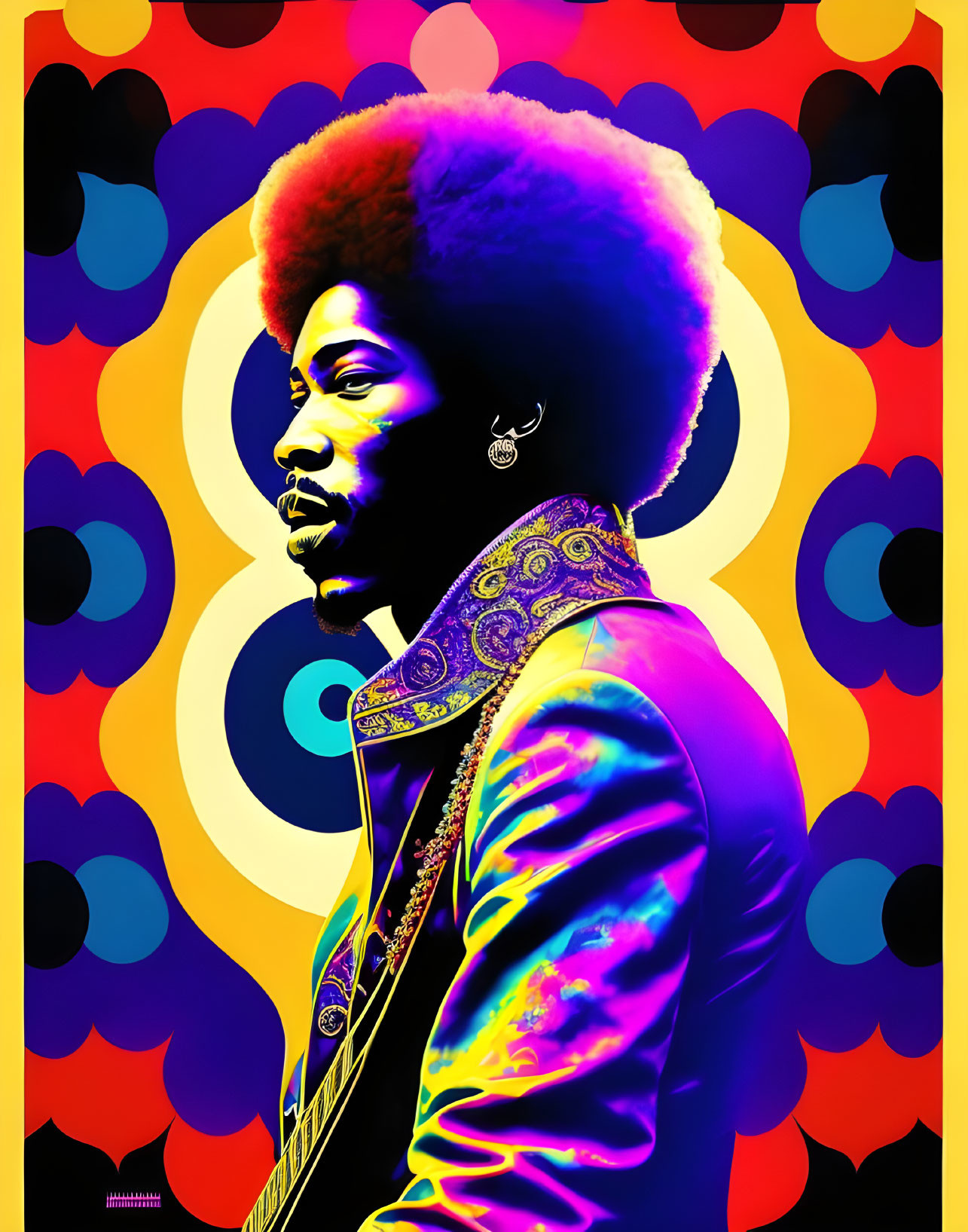 Colorful psychedelic portrait with afro against vibrant backdrop.