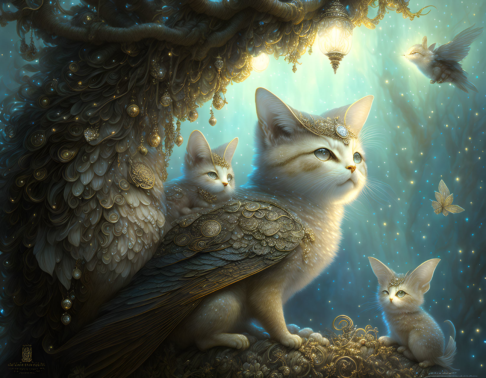 Ethereal cats with feathers and jewels under celestial tree