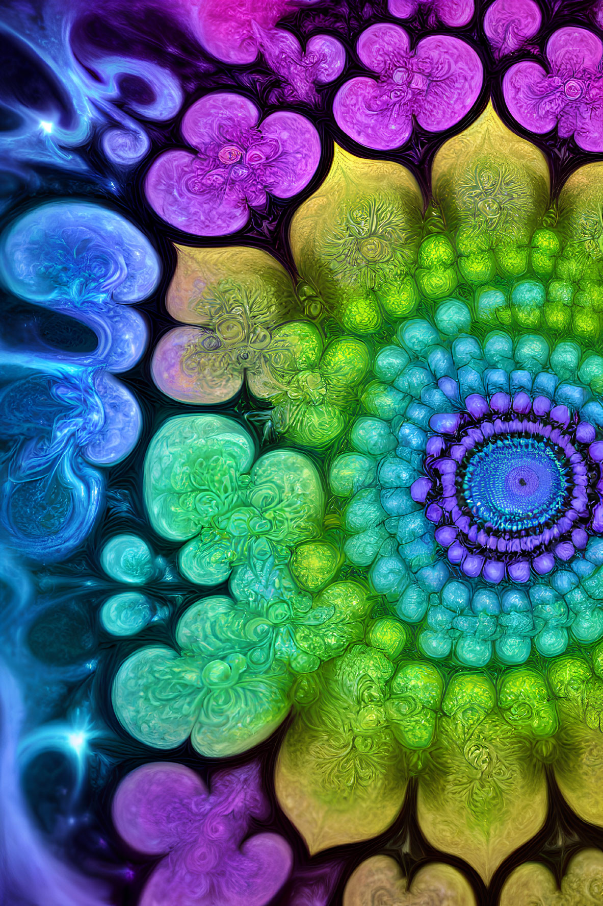 Colorful fractal image with spiral pattern in purple, green, and blue tones showcasing intricate floral motifs