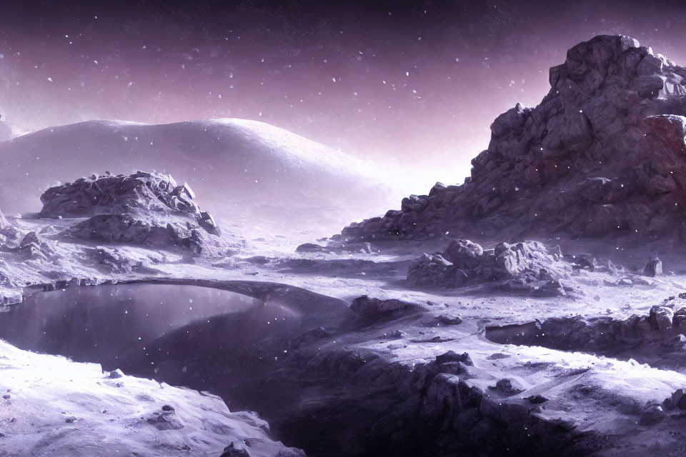 Snow-covered terrain and starry sky landscape with tranquil water pool