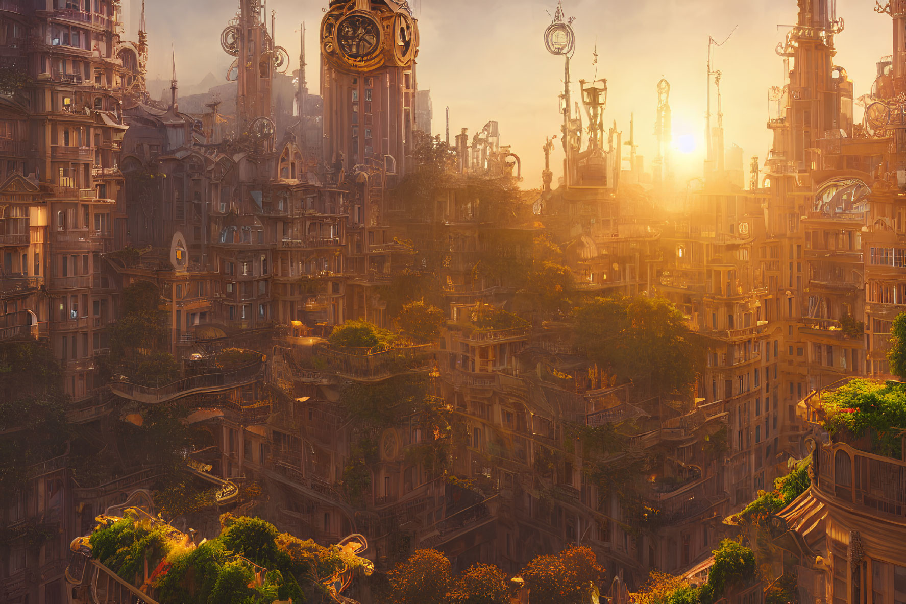 Sunset view of futuristic city with clock-adorned high-rises, greenery, and golden