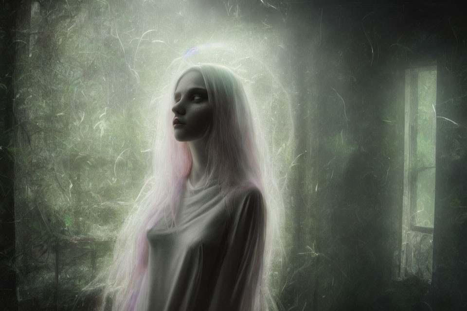 Pale woman with long white hair in misty forest with surreal glow and window to darkness