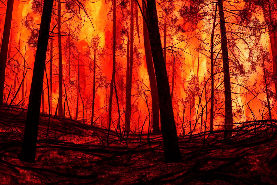 Intense forest fire with vibrant flames and smoke under dark sky