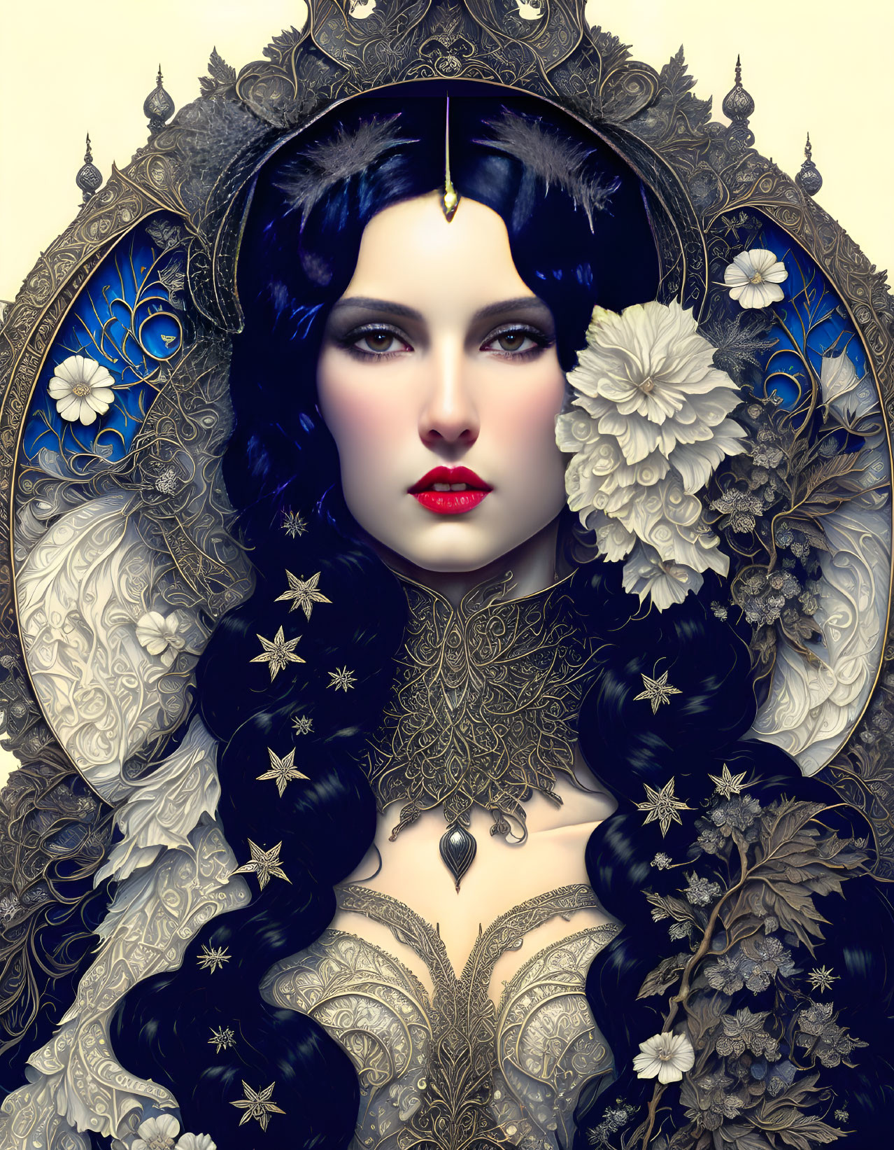 Portrait of woman with pale skin, dark hair, red lips, lace patterns, floral motifs, celestial