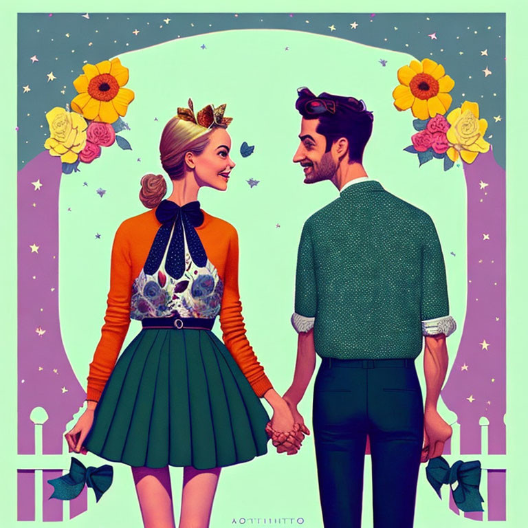 Whimsical vintage-style illustration of happy couple holding hands