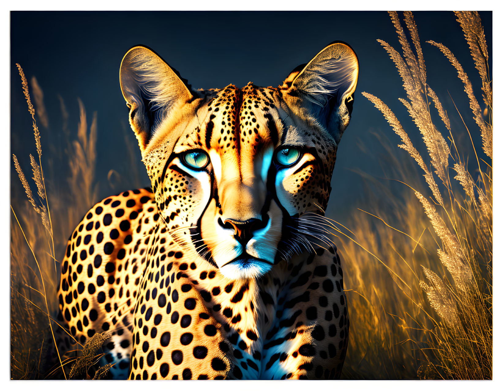 Cheetah digital art: Blue-eyed feline in savannah grass.