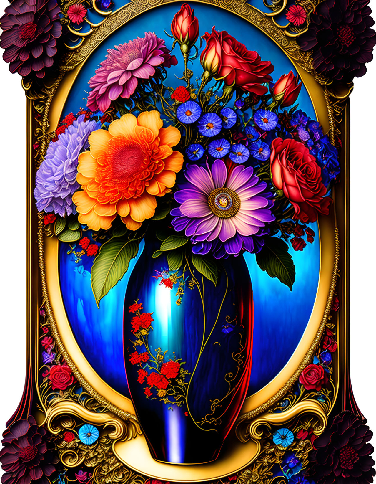 Assorted flowers in dark vase framed with floral motifs on blue backdrop