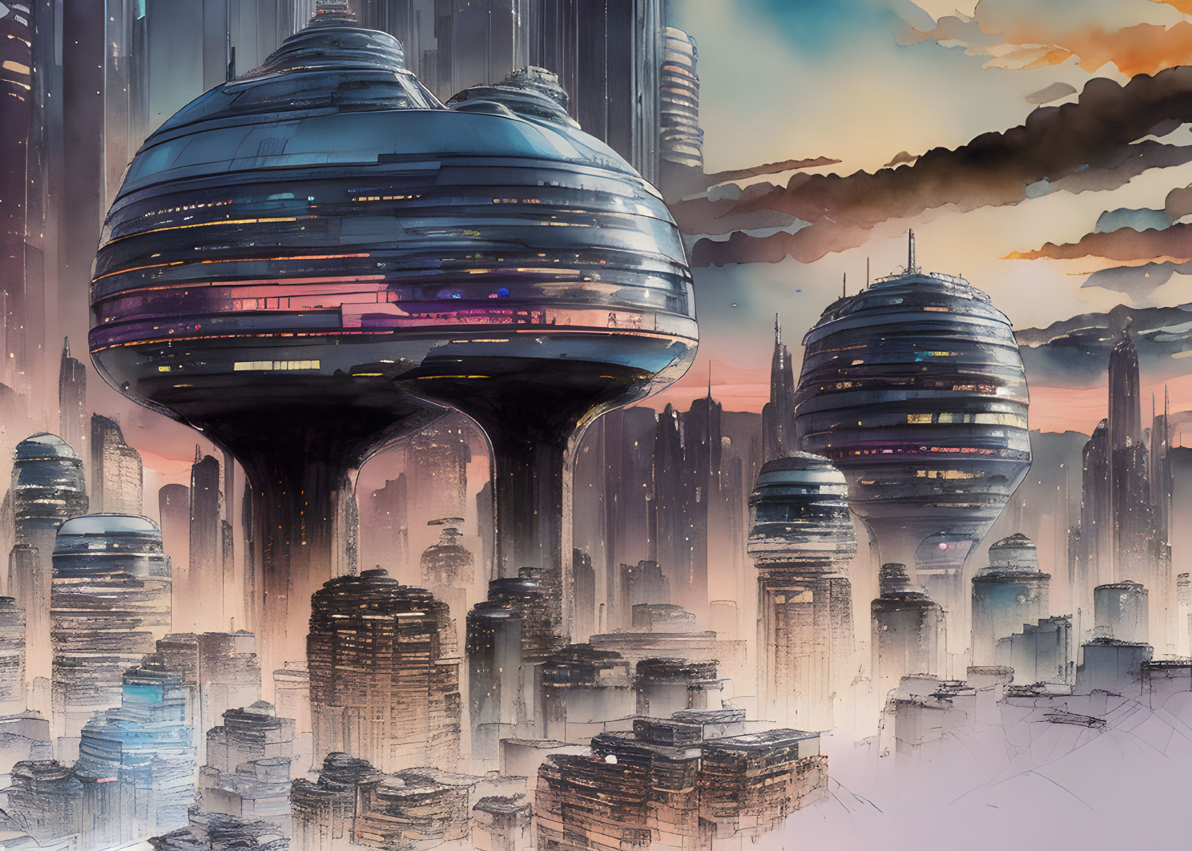 Futuristic cityscape with skyscrapers and spherical structures at dusk