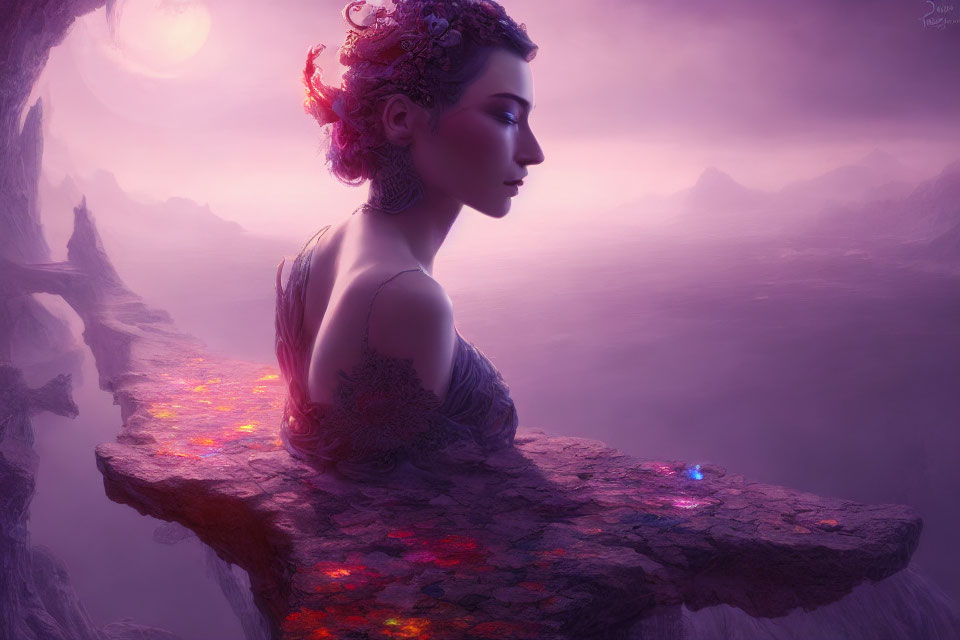 Woman with Floral Hairstyle Overlooks Purple-Tinted Mountains at Sunset