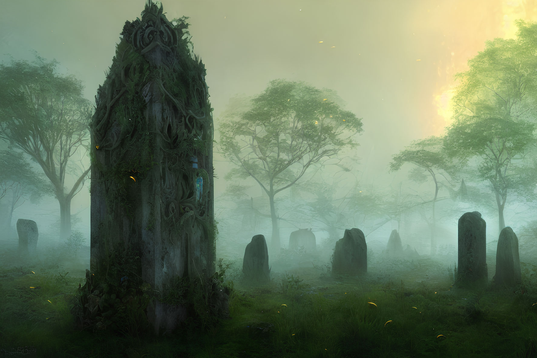 Ethereal forest scene with ancient tombstone and misty trees