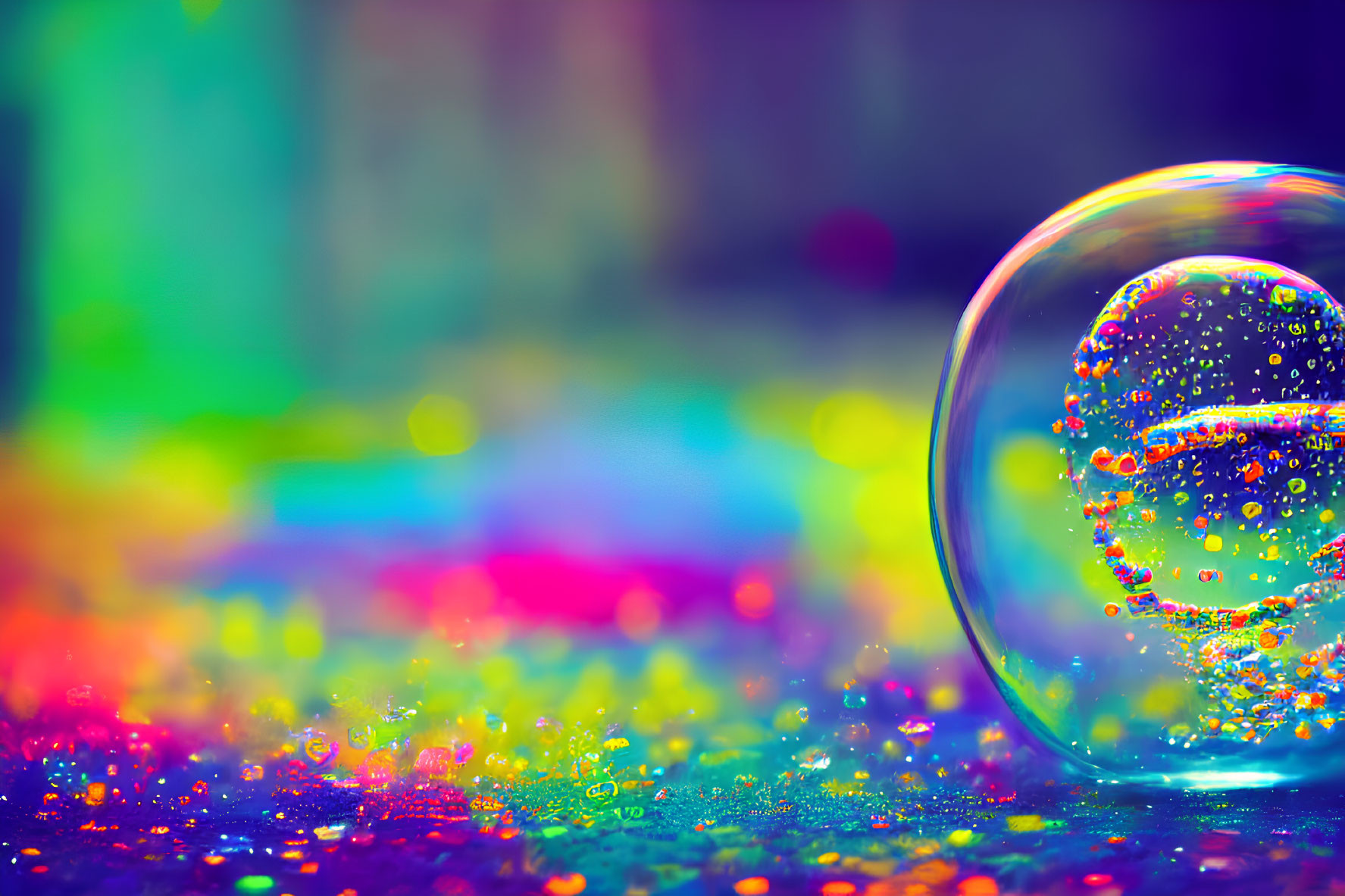 Colorful Soap Bubble on Glittery Surface with Bokeh Background