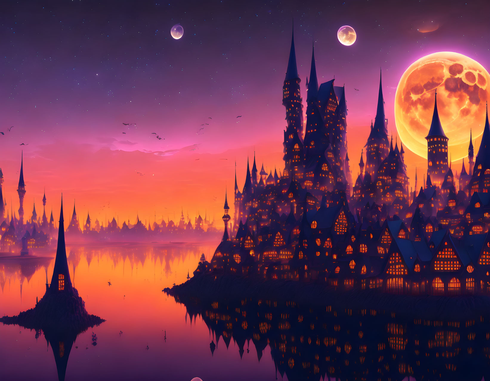 Fantasy cityscape at twilight with spire-topped buildings and reflections on water