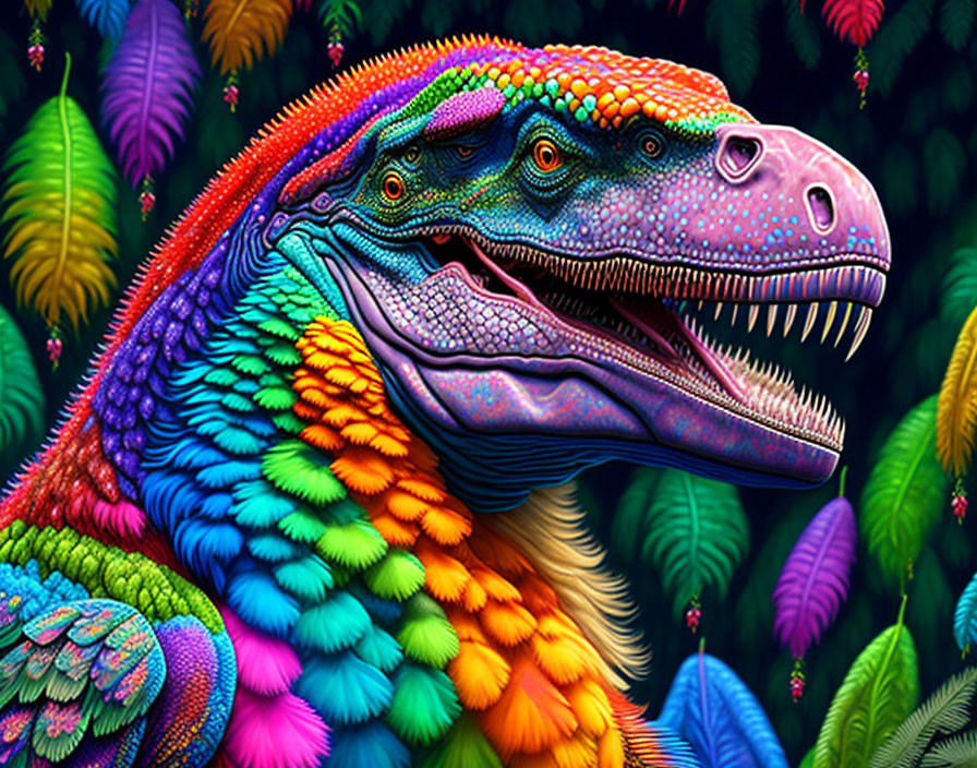 Colorful Dinosaur Illustration with Feathery Textures