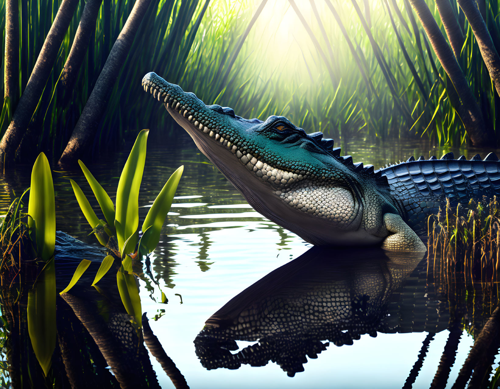 Crocodile in tranquil swamp with lush greenery and sunlight