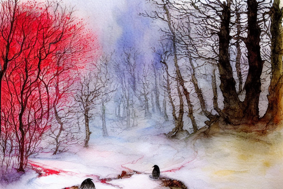 Winter Watercolor Painting: Red Tree in Snowy Scene