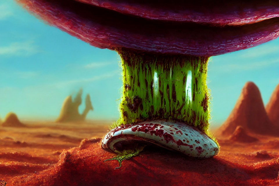 Colorful giant mushroom on desert landscape with sand dunes