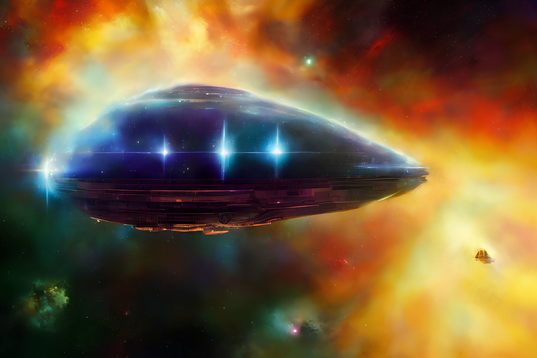 Futuristic spaceship in colorful nebula with twinkling stars