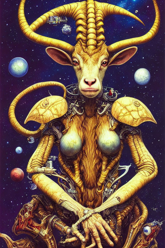 Detailed artwork of humanoid figure with goat head in mechanical armor against starry space.