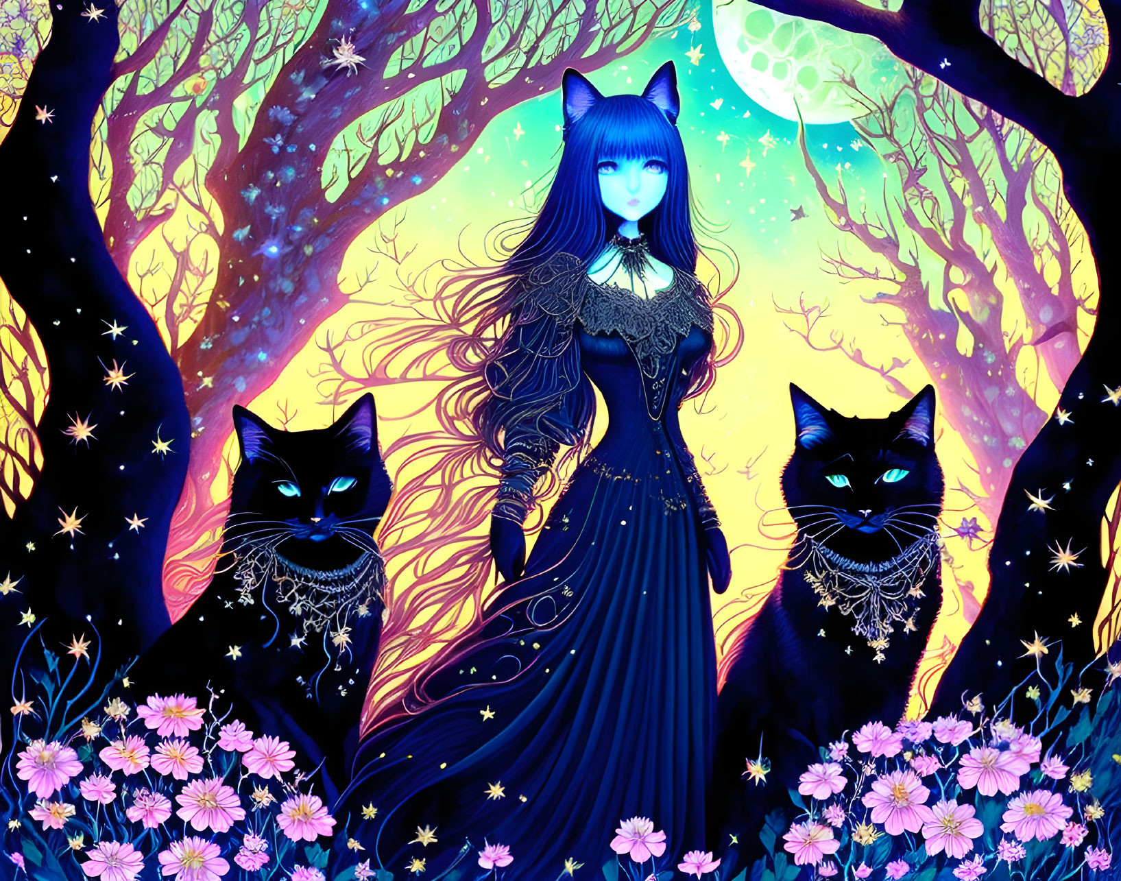 Illustration of woman with blue hair and cat ears surrounded by black cats in colorful forest.