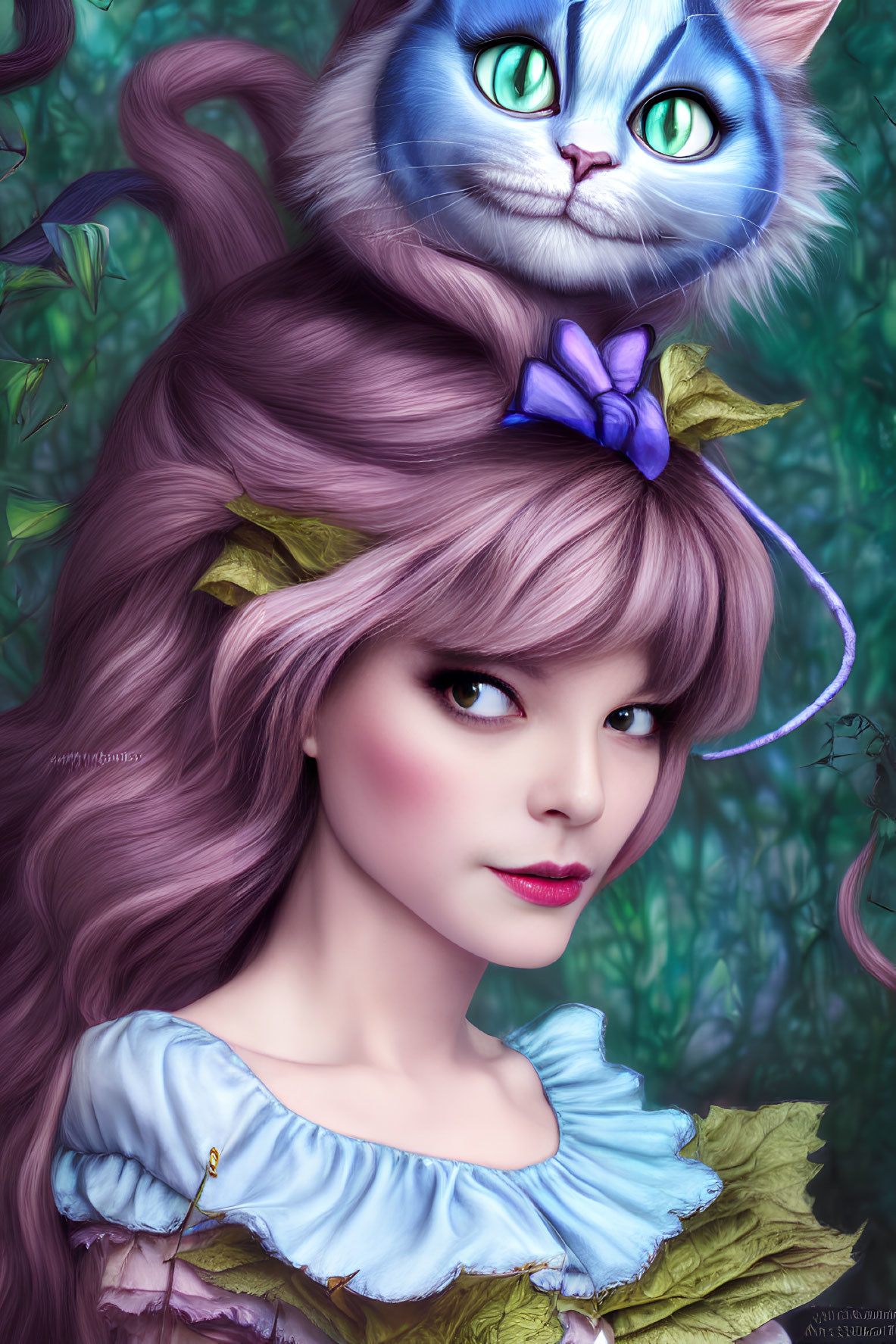 Digital artwork of woman with purple hair and blue-eyed cat in lush green setting