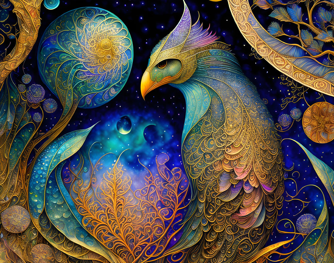 Colorful bird artwork with intricate patterns on cosmic background