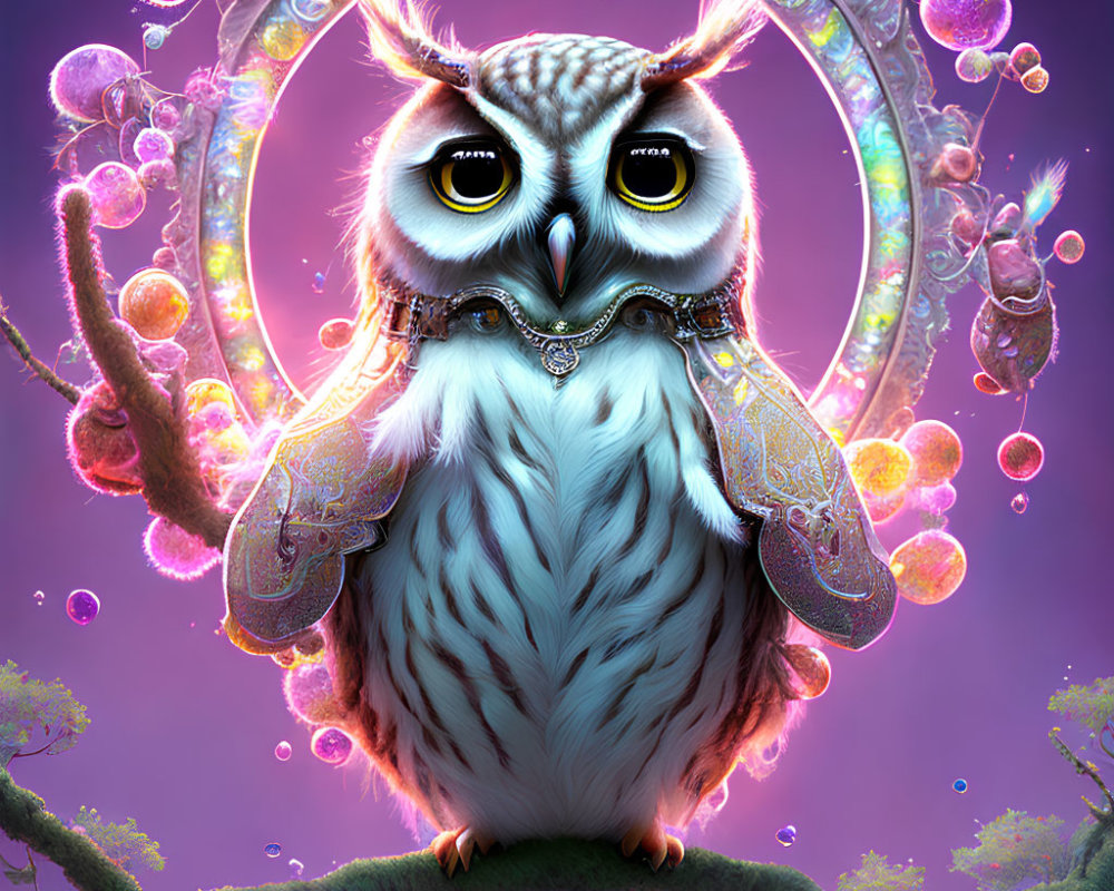 Majestic owl in silver armor on branch with magical rings in purple background