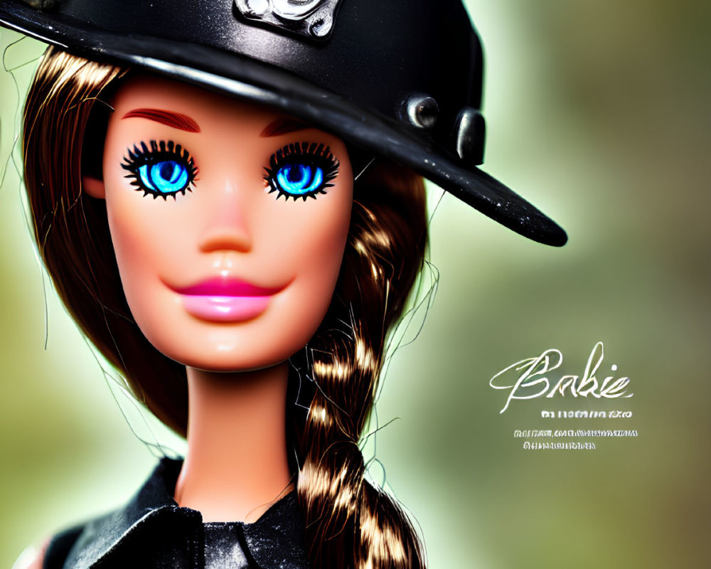 Detailed Barbie doll with firefighter helmet and blue eyes.