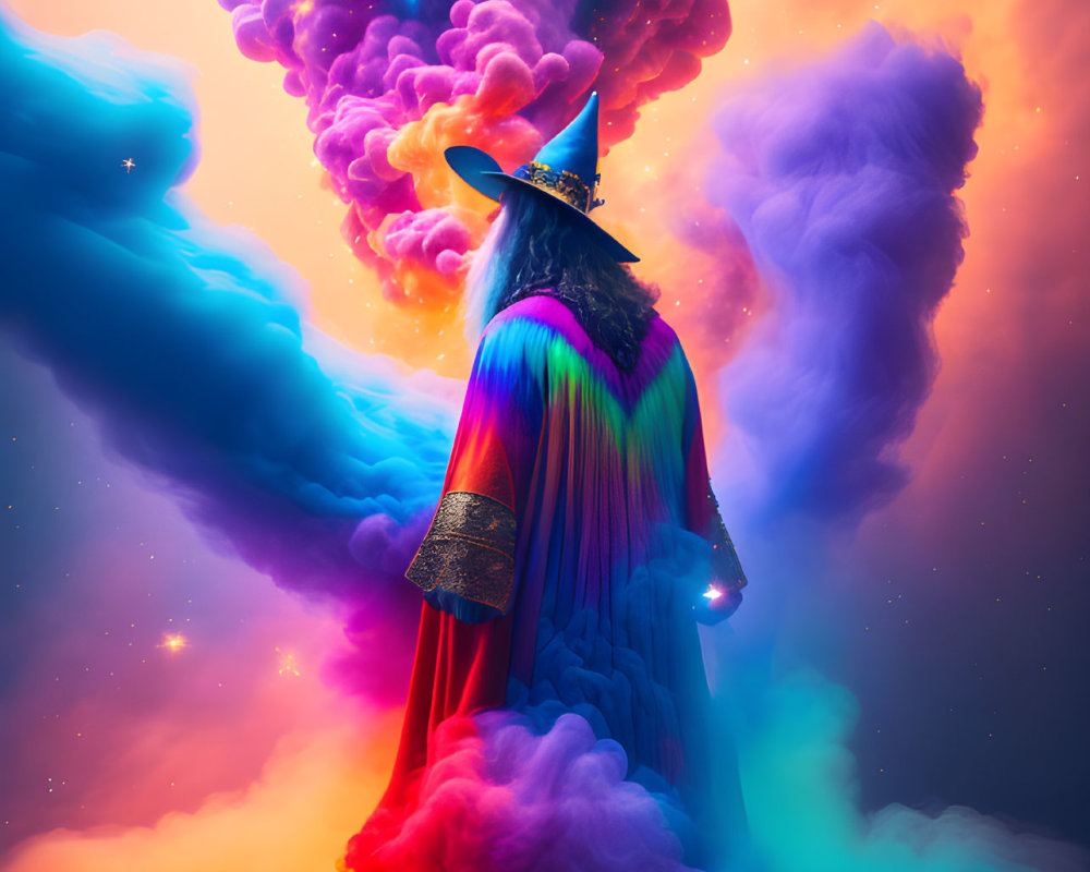 Colorful Robed Wizard Stands Before Cosmic Cloud Formation