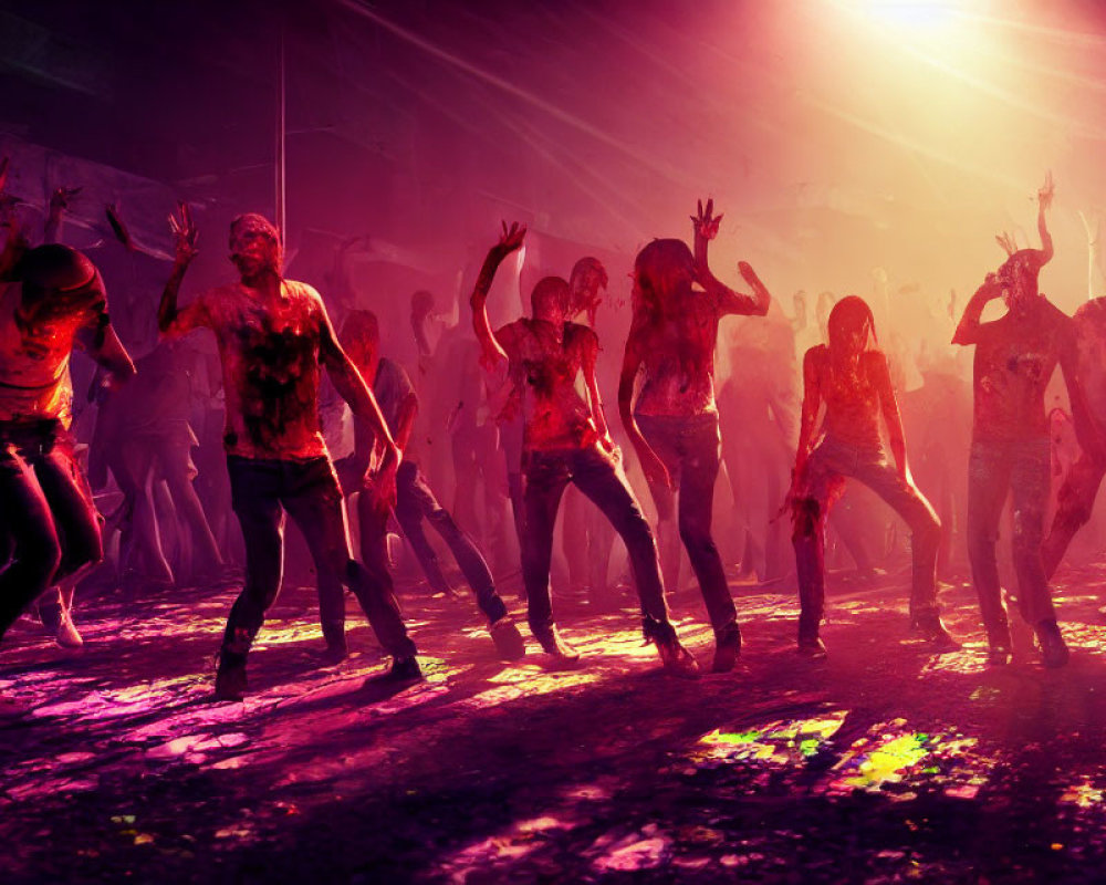 Colorful Dance Floor with Party-Goers and Dynamic Shadows