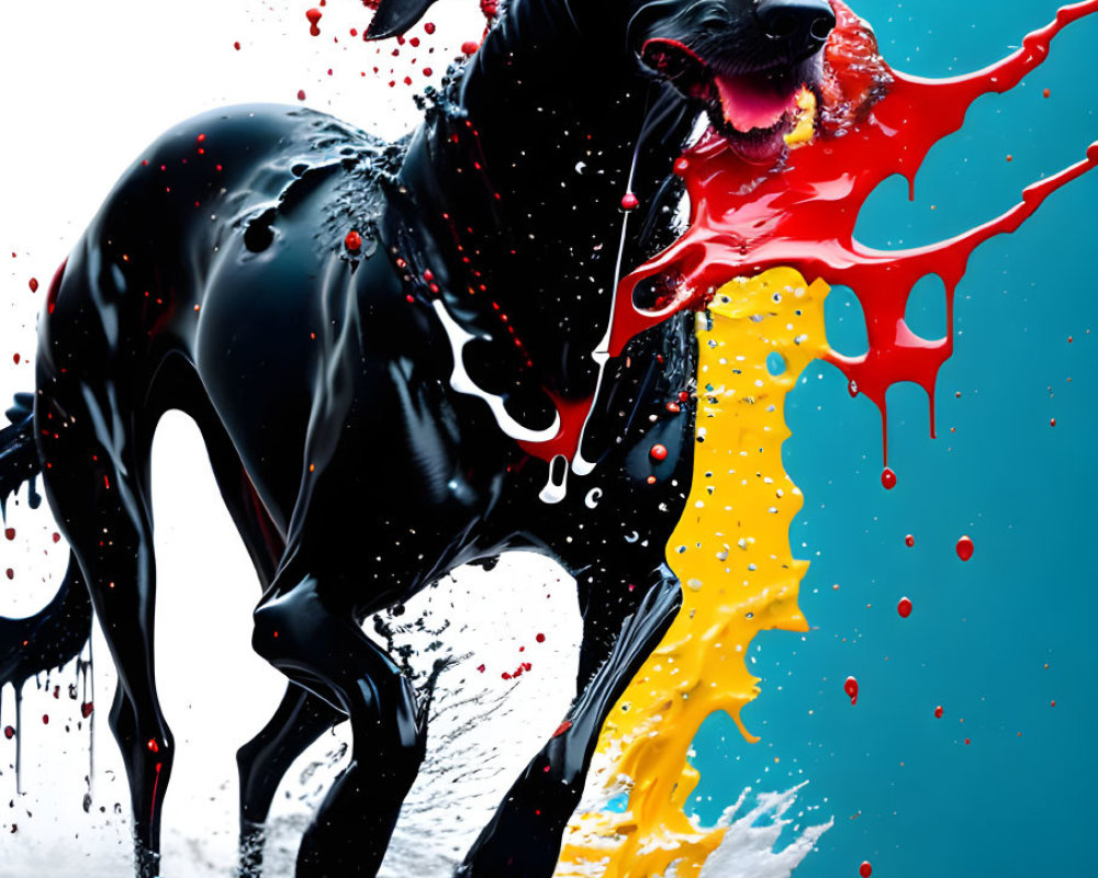 Vibrant black dog painting with red, blue, yellow, and white splashes