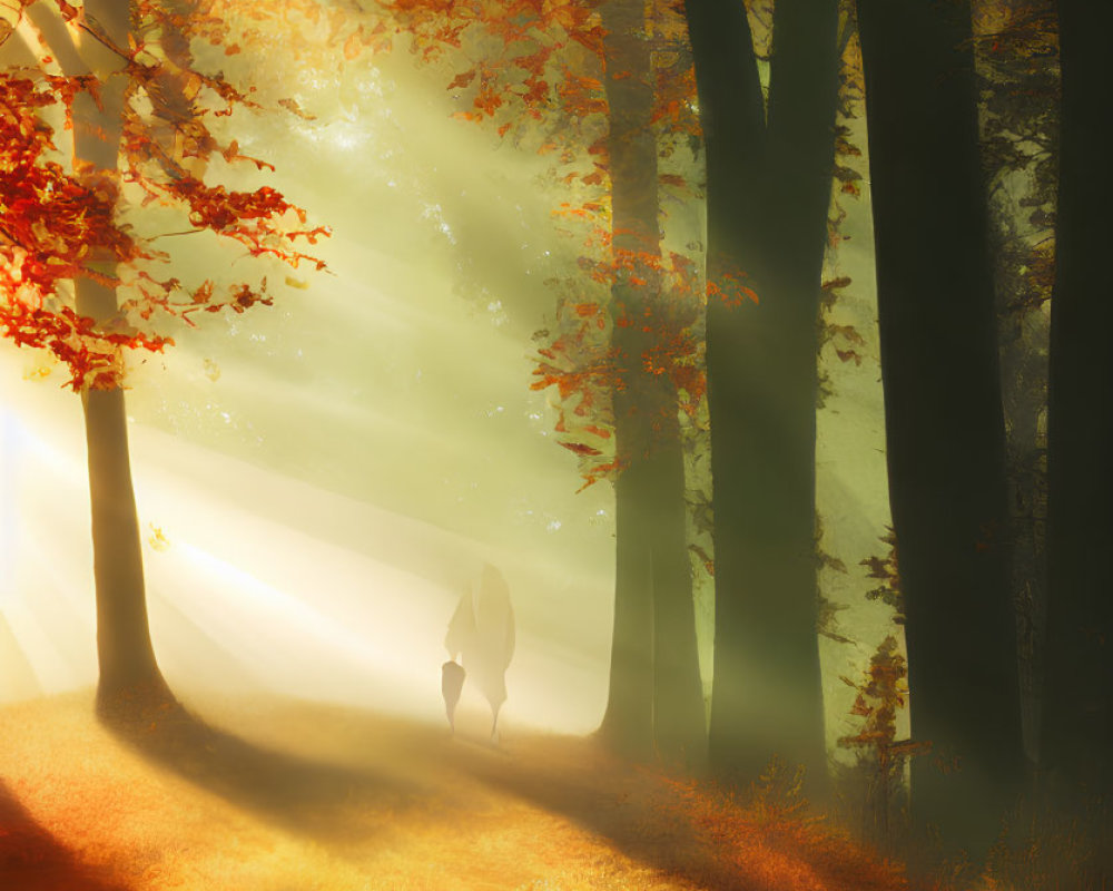 Person walking in sun-dappled autumn forest with vibrant leaves