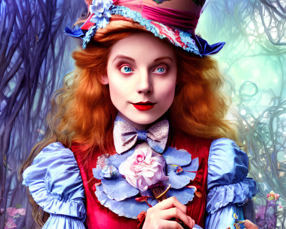 Whimsical red-haired woman as Mad Hatter in enchanted forest