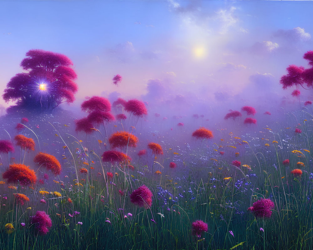 Vibrant pink trees and glowing orbs in whimsical landscape