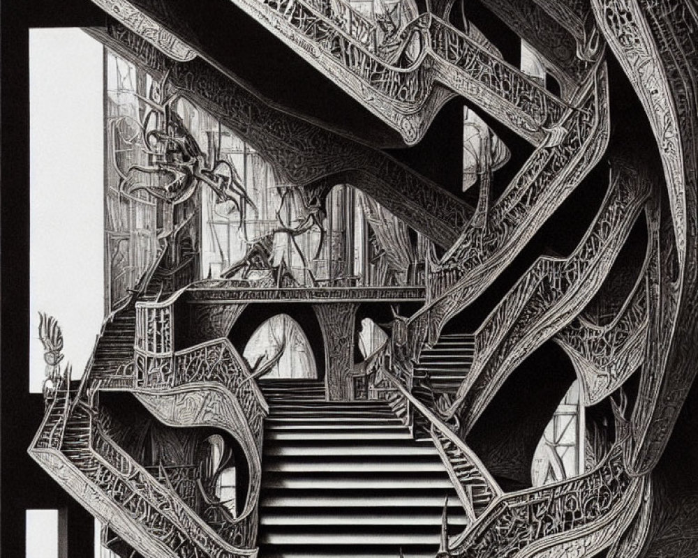 Detailed Monochrome Illustration of Complex Structure with Intricate Staircases and Walkways