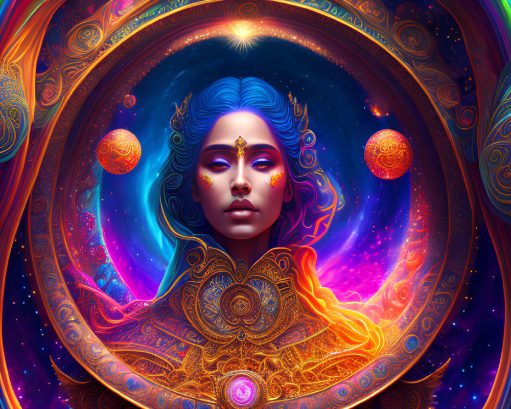 Colorful digital artwork of a woman with blue hair and golden adornments in a cosmic setting