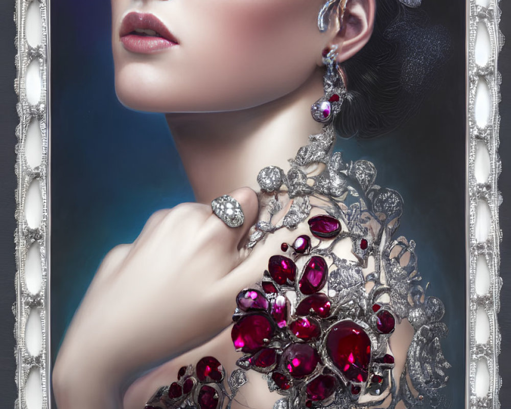 Intricate Silver and Ruby Jewelry Adorned Woman with Theatrical Makeup