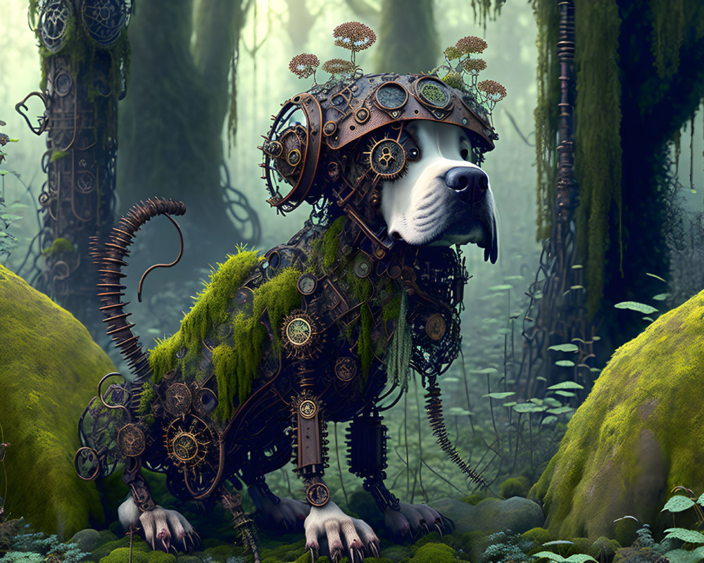 Mechanical dog covered in gears and plants in mystical forest