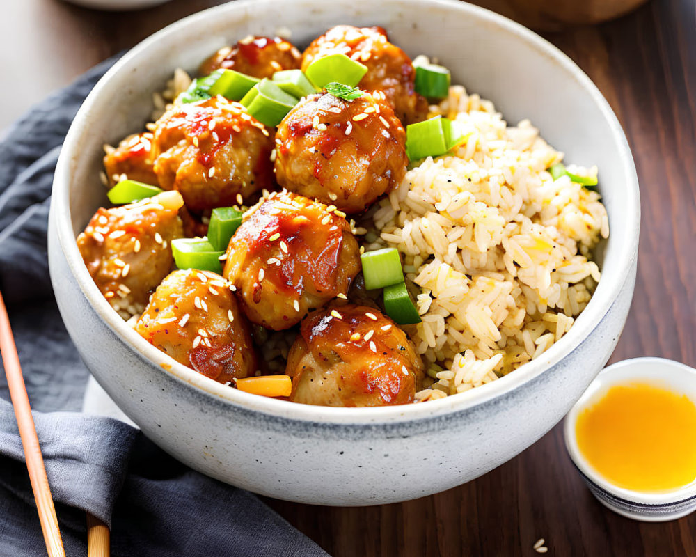 Glazed meatballs on rice with green onions and chopsticks