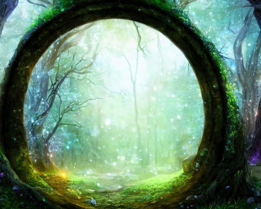 Enchanting forest scene with mystical circular gateway and glowing lights