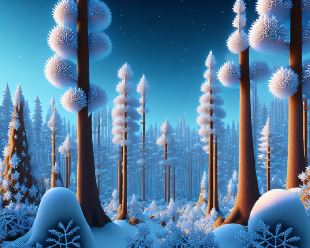 Snow-covered Winter Landscape with Starry Sky