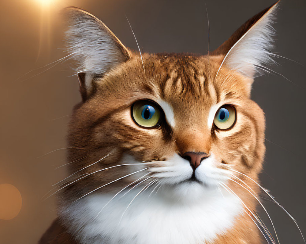 Digital Artwork: Cat with Human-Like Features, Golden Eyes, Orange & White Fur