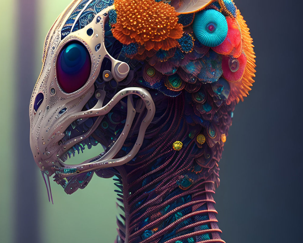 Colorful digital art: intricate creature with bird-like head, floral motifs, vibrant feathers