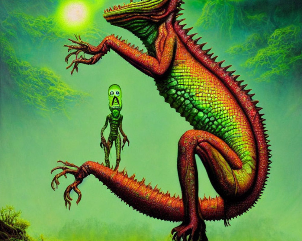 Vivid illustration of green and red scaled creature with alien under greenish sky