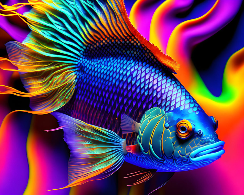 Colorful Betta Fish Digital Illustration on Neon Background