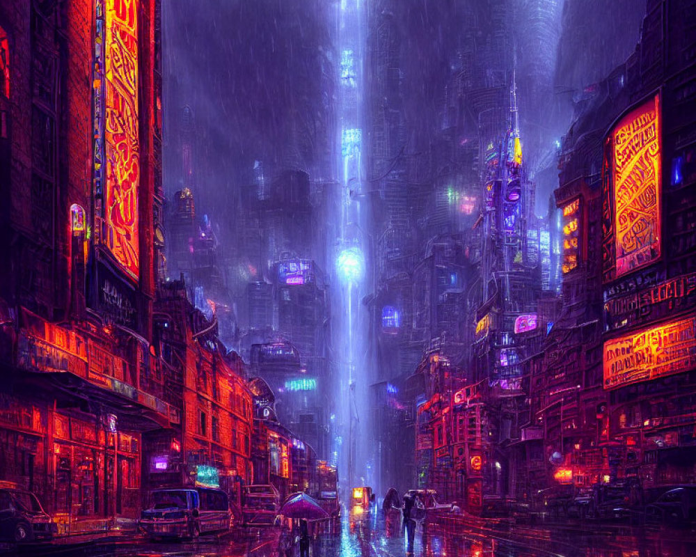 Vibrant cyberpunk cityscape at night with neon signs, high-rises, people with umb